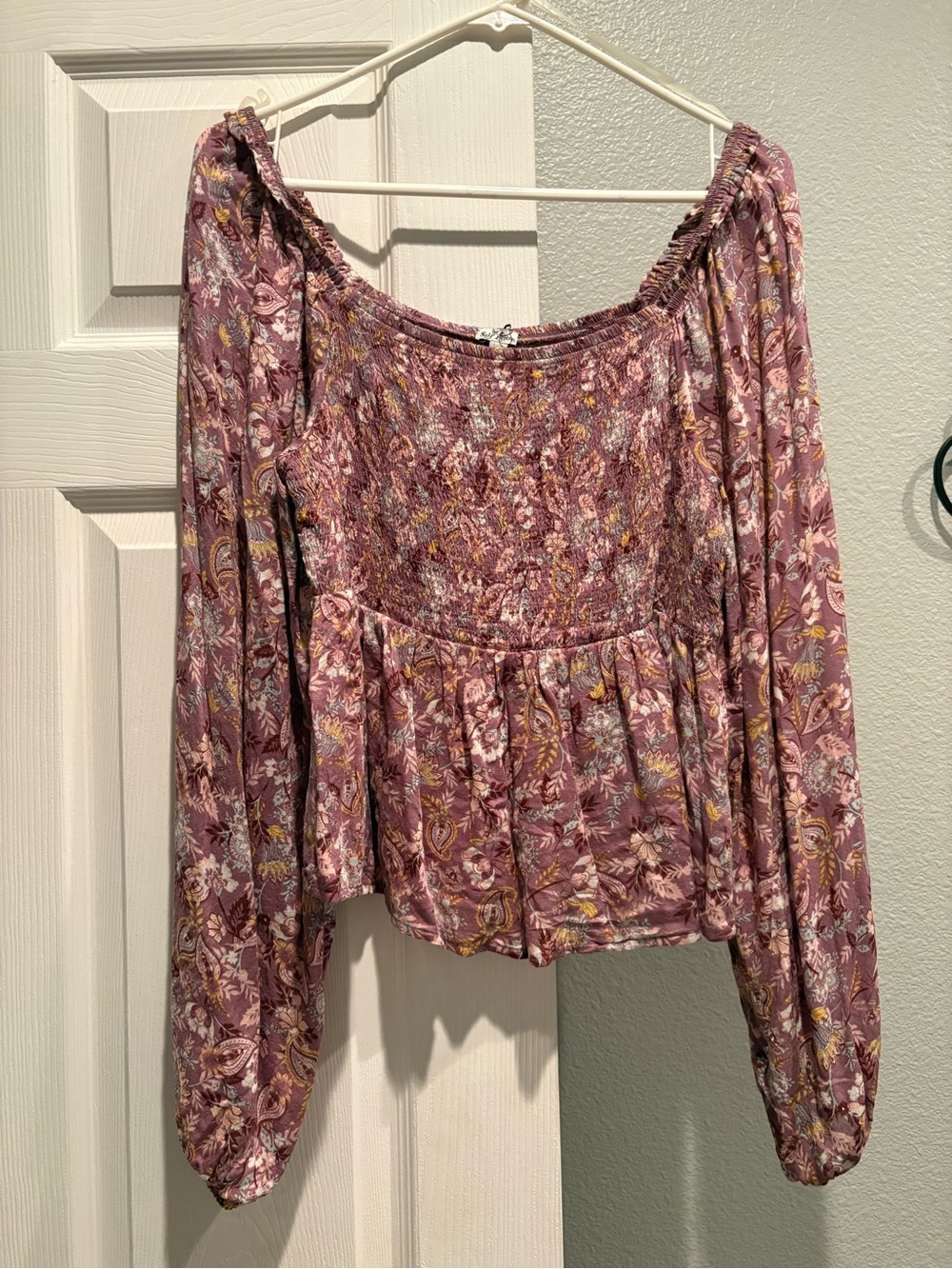 Self Esteem Mauve Floral Smocked Off-Shoulder Crop Top